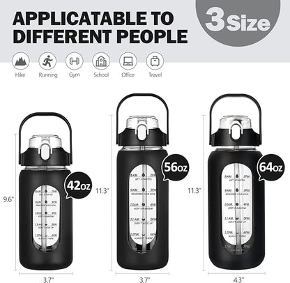 kytffu 56oz Glass Water Bottles with Straw, Motivational Glass Bottle with Silicone Sleeve and Time Marker, Leakproof Large Glass Water Jug for Gym Home Office, Black.