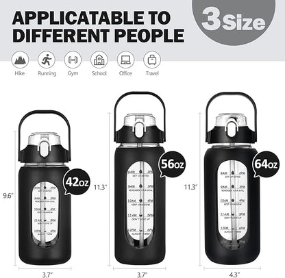 kytffu 64oz Glass Water Bottles with Straw, Half Gallon Motivational Glass Bottle with Silicone Sleeve and Time Marker, 2L Leakproof Large Glass Water Jug for Gym Home Office,Black