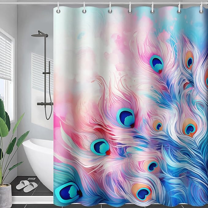 AILONEN Peacock Shower Curtain for Bathroom, Pink and Blue Peacock Feather Print Shower Curtain,Fashion Tie Dye Bath Curtain for Girls Women Waterproof 36" W*72" H