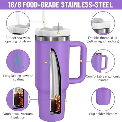 40oz stainless Steel Insulated Tumbler with Handle, lid and straw for cold water, Iced tea, or coffee - 100% Leak-Proof - Cupholder Friendly Travel Mug- Gifts for Women Men Him Her (Purple)