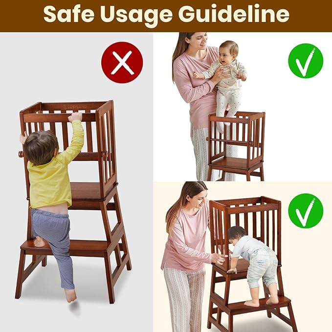 COSYLAND Kids Kitchen Step Stool, Toddler Standing Tower with CPC & FSC Certification, Removable Anti-Drop Railing Safety Rail Enjoys Unique Patented Design A Anti-tip Stable Structure Red Brown