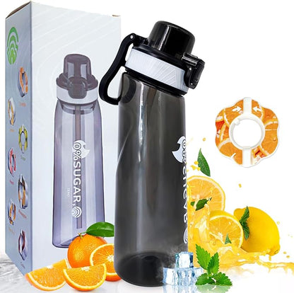 Newly Upgraded Air Water Bottle, 22oz Air Water Bottle with Flavor Pods, Leak Proof Scented Water Bottle with Large Portable Handle, 0 Suger No BPA for Gym, Outdoors, Schools (Black Tilted Head)