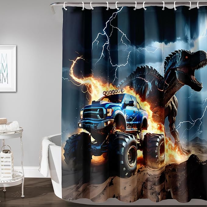 AILONEN Boys Dinosaur Shower Curtain, Monster Truck Bath Curtain,Lightning Roaring Dinosaur Kids Shower Curtain,Waterproof Curtain Bathroom 36" W*72" H Decor with 12 Plastic Hooks