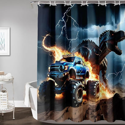 AILONEN Boys Dinosaur Shower Curtain, Monster Truck Bath Curtain,Lightning Roaring Dinosaur Kids Shower Curtain,Waterproof Curtain Bathroom 36" W*72" H Decor with 12 Plastic Hooks
