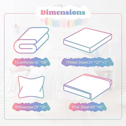 4 Piece White Boho Toddler Bedding Sets for Girls Colorful Pom Pom Comforter Set Jacquard Tufted Dot Crib Bed Sheets Set for Baby Bed in a Bag, Include Comforter, Flat Sheet, Fitted Sheet, Pillowcase