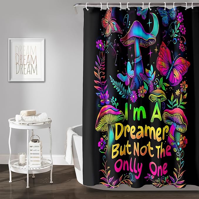 AILONEN Mushroom Shower Curtain,Colorful Butterfly Flower Decoration,Polyester Fabric,Waterproof,Botanical Fungus Plants Black Bath Curtains Washable,with 12 Plastic Hooks, 60" W x 72" H