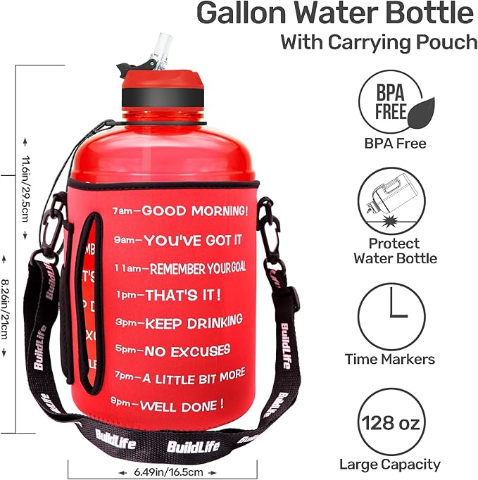 QuiFit Motivational Gallon Water Bottle - with Straw & Time Marker BPA Free Large Reusable Sport Water Jug with Handle for Fitness Outdoor Enthusiasts Leak-Proof