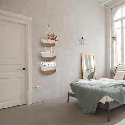 3 Tier Wall Mounted Woven Hanging Basket, Over the Door Hanging Basket with Hooks, Decorative Storage Hanging Closet Removable, Large Wall Basket for Living Room, Bedroom (White & Brown)