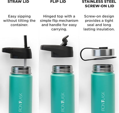 IRON °FLASK Sports Water Bottle - Wide Mouth with 3 Spout Lids - Stainless Steel Gym & Outdoor Bottles for Men, Women & Kids - Double Walled, Insulated Thermos, Metal Canteen - Aquamarine, 18 Oz