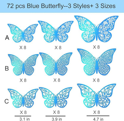 72Pcs 3D Butterfly Wall Decor 3 Sizes 3 Styles, Removable Butterfly Stickers Wall Decals, Butterfly Decorations Party Birthday Cake Decoration for Kids Nursery Wedding Bedroom Room(Blue)