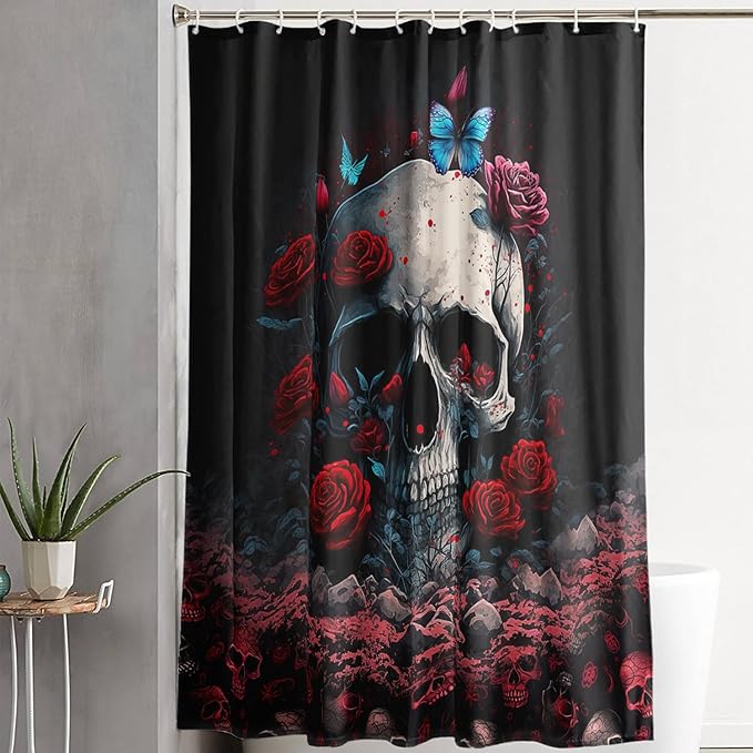 AILONEN 3D Skull Shower Curtain,Oil Ren Rose with Ruins Skull Skeleton Design Shower Curtain Set for Boys Girls Teens,Gothic Skull Waterproof Fabric Shower Curtain for Bathroom,48" W*72" H