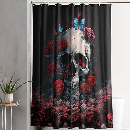 AILONEN 3D Skull Shower Curtain,Oil Ren Rose with Ruins Skull Skeleton Design Shower Curtain Set for Boys Girls Teens,Gothic Skull Waterproof Fabric Shower Curtain for Bathroom,72" W*78" H