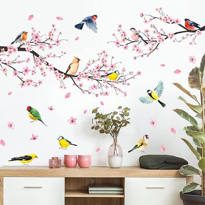 Amaonm 2 Sheets of 12"x36" Removable Pink Red Cherry Blossom Flowers Wall Stickers DIY Flying Birds and Tree Brances Wall Decals 3D Peel and Stick Floral art Decor for Kids Girls Bedroom Living Room Nursery Decoration (37"x51")