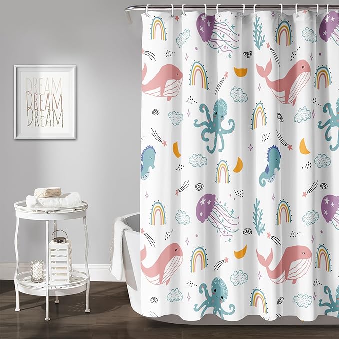 AILONEN Cartoon Dolphin Shower Curtain for Kids 60" W*72" H Inch,Cute Seahorse Rainbow Octopuses Shower Curtain,Ocean Life Theme 12 Pack Hooks Polyester Waterproof Fabric Decor for Bathroom