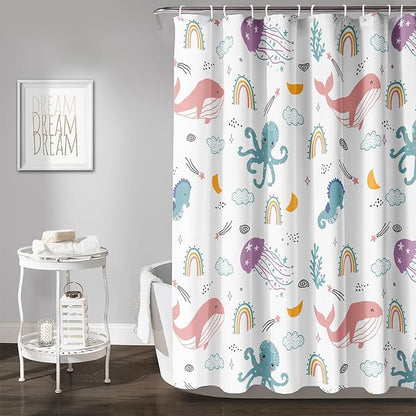 AILONEN Cartoon Dolphin Shower Curtain for Kids 36" W*72" H Inch,Cute Seahorse Rainbow Octopuses Shower Curtain,Ocean Life Theme 12 Pack Hooks Polyester Waterproof Fabric Decor for Bathroom