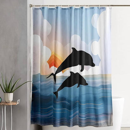 AILONEN Cartoon Dolphin Shower Curtain,Jumping Dolphin Bathroom Curtains for Kids,Girls,Sunset by The Sea Theme Shower Curtains Set with Hooks for Bathroom,48" W*72" H