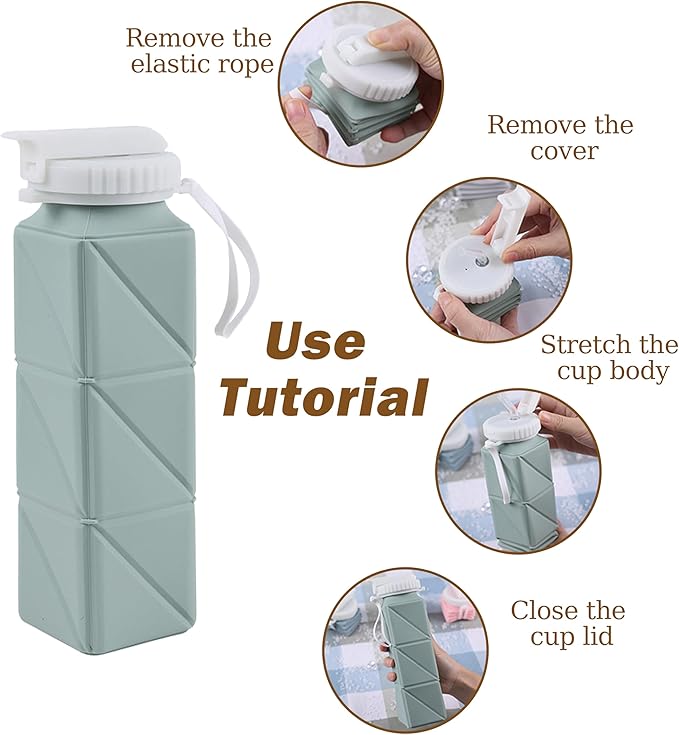 EOBTAIN Blue Collapsible Water Bottle with Straw 20oz Soft Foldable Water Bottles BPA Free and Food Grade Silicone Water Cup for Travel,Hiking,Gym.Portable Leak Proof and Reusable Sports Bottle.