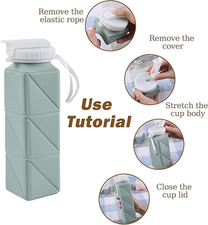 EOBTAIN Blue Collapsible Water Bottle with Straw 20oz Soft Foldable Water Bottles BPA Free and Food Grade Silicone Water Cup for Travel,Hiking,Gym.Portable Leak Proof and Reusable Sports Bottle.