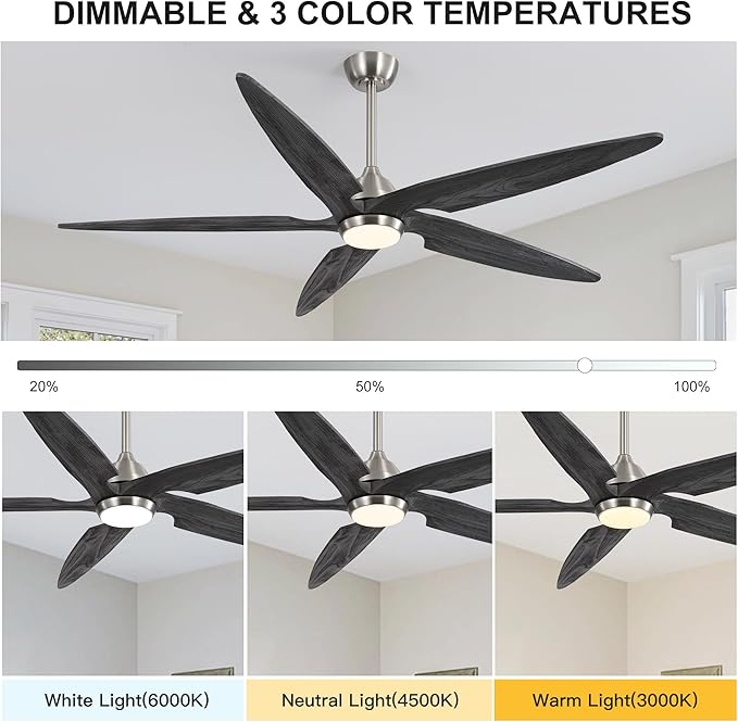 54 Inch Modern Ceiling Fan with Lights and Remote, 5 Wood Blades, 6-Speed Noiseless Reversible DC Motor with Replaceable Downrods for Bedroom Living Room Dining Room, Nickel and Gray