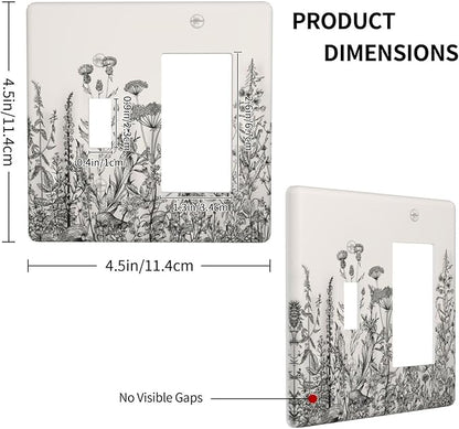 Vintage Grey Floral Herbs Wild Flowers Botanical 2 Gang Single Toggle Rocker Combination Boho Light Switch Covers Decorative Country Unique Wall Plate Cover Electrical Faceplate Switchplate