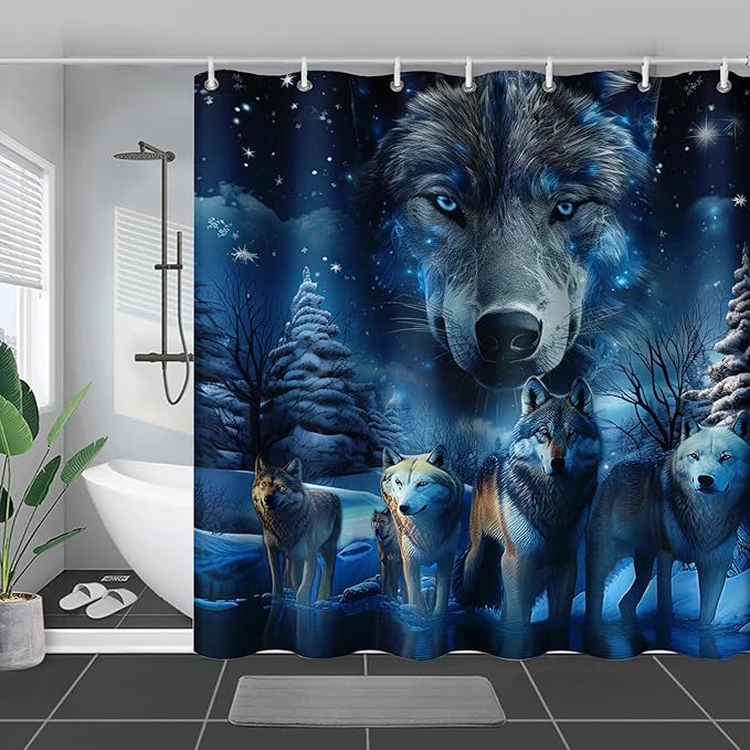 AILONEN 3D Howling Wolf Shower Curtain for Bathroo,Night Galaxy Starry Wolf Safari Animal Print Boys Teen Decor Bath Curtain 60" W*72" H Polyester Fabric Waterproof Bathroom Curtain with 12 Hooks