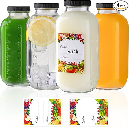 4Pack Juicing Bottles Reusable Glass 32oz,Reusable Square Glass Juice Bottles with Lids,Clear Empty Glass for Beverages, Jams, Kombucha, Milkshakes,Oils(32fl.oz,Set of 4)