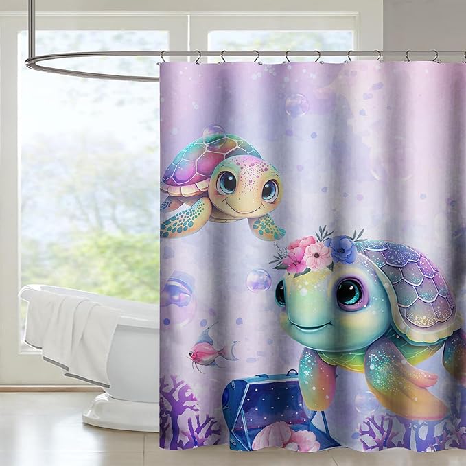 AILONEN Kawaii Sea Turtle Shower Curtain,Tie Die Ocean Animal Themed Bath Curtain Cloth Fabric Bathroom 72" W*72" H Inch,12 Pack Hooks for Kids,Sea Animal with Treasure Box Bathroom Curtain