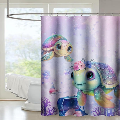 AILONEN Kawaii Sea Turtle Shower Curtain,Tie Die Ocean Animal Themed Bath Curtain Cloth Fabric Bathroom 72" W*72" H Inch,12 Pack Hooks for Kids,Sea Animal with Treasure Box Bathroom Curtain