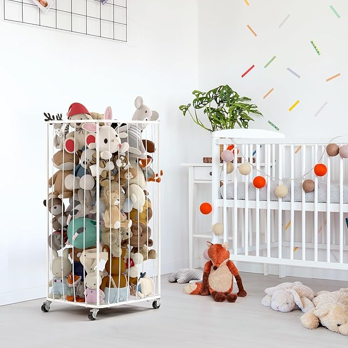 210L Stuffed Animal Organizer Plush Toy Storage Organizer Toy Storage Basket, Kids Toy Storage Bins with Wheels, Metal Frame and Elastic Cord Design, Suitable for Storage of Any Stuff