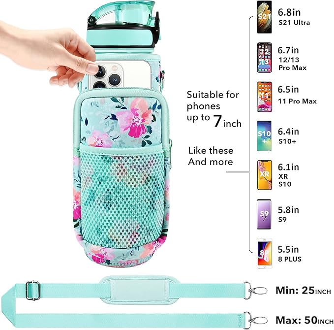 32 oz Water Bottle with Straw and Sleeve, Motivational Water Bottle with Time Marker and Adjustable Shoulder Strap, BPA Free Leakproof Sport Water Jug for Hiking, Gym