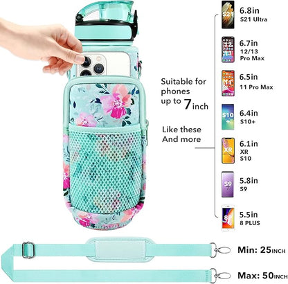 32 oz Water Bottle with Straw and Sleeve, Motivational Water Bottle with Time Marker and Adjustable Shoulder Strap, BPA Free Leakproof Sport Water Jug for Hiking, Gym