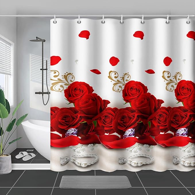 AILONEN Rose Flower Shower Curtain for Bathroom,Red Rose Bathroom Curtain for Girls Women,Romantic Flower Bath Curtain 48" W*72" H Polyester Waterproof Bathroom Curtain with 12 Hooks