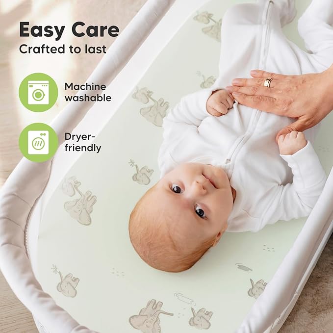 2-Pack Organic Bassinet Sheets for Girls, Boys - 100% Cotton Bassinet Mattress Sheets Compatible with Halo Bassinest Swivel Sleeper, Graco, Baby Delight, Chicco, Unisex Fitted Bassinet Sheets (Elly)