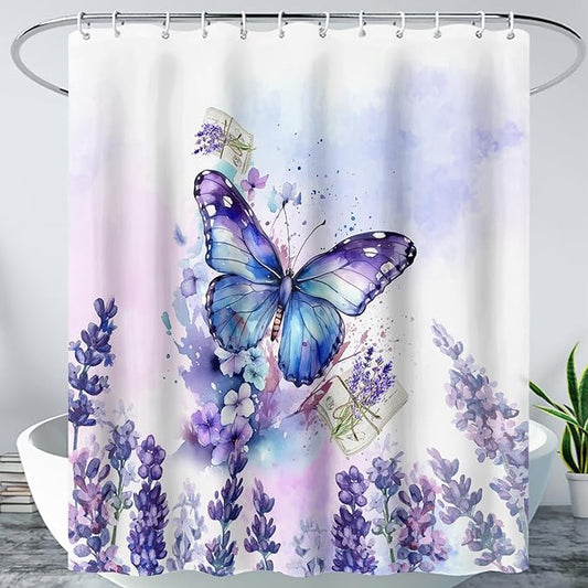 AILONEN Beautiful Butterfly Shower Curtain Bathroom 48" W*72" H Purple Butterfly Curtain Cloth Fabric Bathroom for Girls Kids,Deep Color Shower Curtain Set