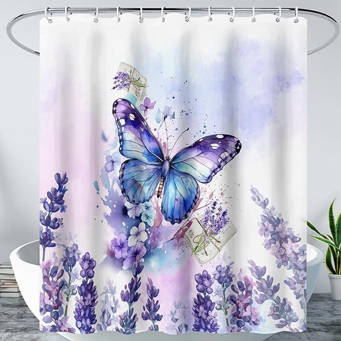 AILONEN Beautiful Butterfly Shower Curtain Bathroom 72" W*84" H Purple Butterfly Curtain Cloth Fabric Bathroom for Girls Kids,Deep Color Shower Curtain Set