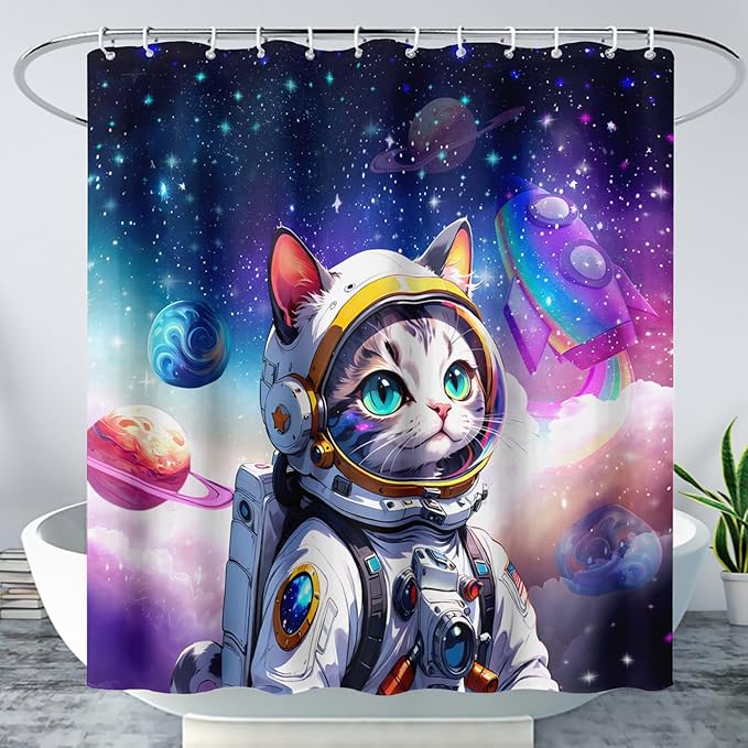 AILONEN Cartoon Astronaut Cat Shower Curtain Set for Kids Boys, Rainbow Rocket Waterproof Fabric Shower Curtain Curtain for Bathroom,Joyful Cat Galaxy Planet Shower Curtain Liner,72" W*84" H