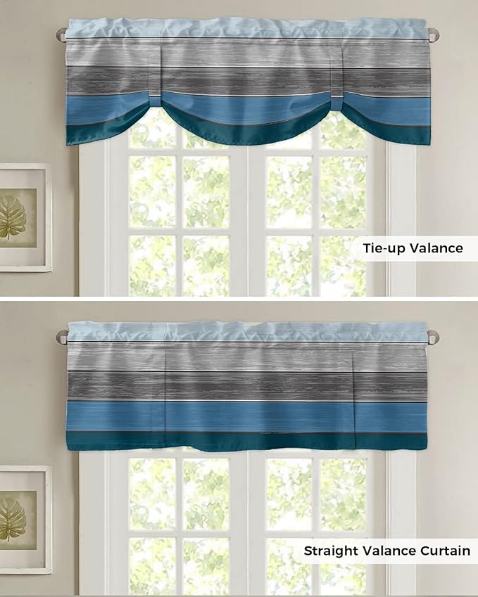 Farmhouse Blackout Tie Up Valance Curtains for Kitchen Windows,Blue Gray Ocean Hues Window Toppers Balloon Shades for Living Room/Bathroom/Bedroom,1 Panel,60" X 18" Retro Rustic Barn Wood Texture