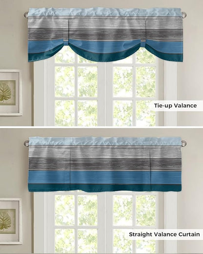 Farmhouse Blackout Tie Up Valance Curtains for Kitchen Windows,Blue Gray Ocean Hues Window Toppers Balloon Shades for Living Room/Bathroom/Bedroom,1 Panel,54" X 18" Retro Rustic Barn Wood Texture