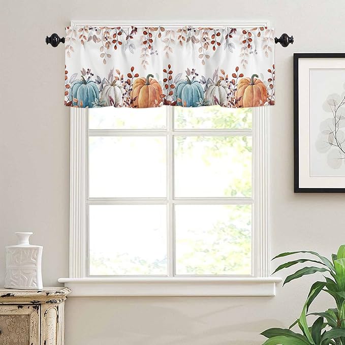 Fall Thanksgiving Kitchen Curtains and Valances Set, Watercolor Autumn Pumpkins Eucalyptus Leaves Small Windows Treatments Tiers Half/Short Curtains forCafe /Living Room/ Bedroom 54x24 in,Blue Orange