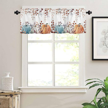 Fall Thanksgiving Kitchen Curtains and Valances Set,Watercolor Autumn Pumpkins Eucalyptus Leaves Small Window Treatments Tiers Half/Short Curtains for Cafe /Living Room/ Bedroom 54x 36 in,Blue Orange