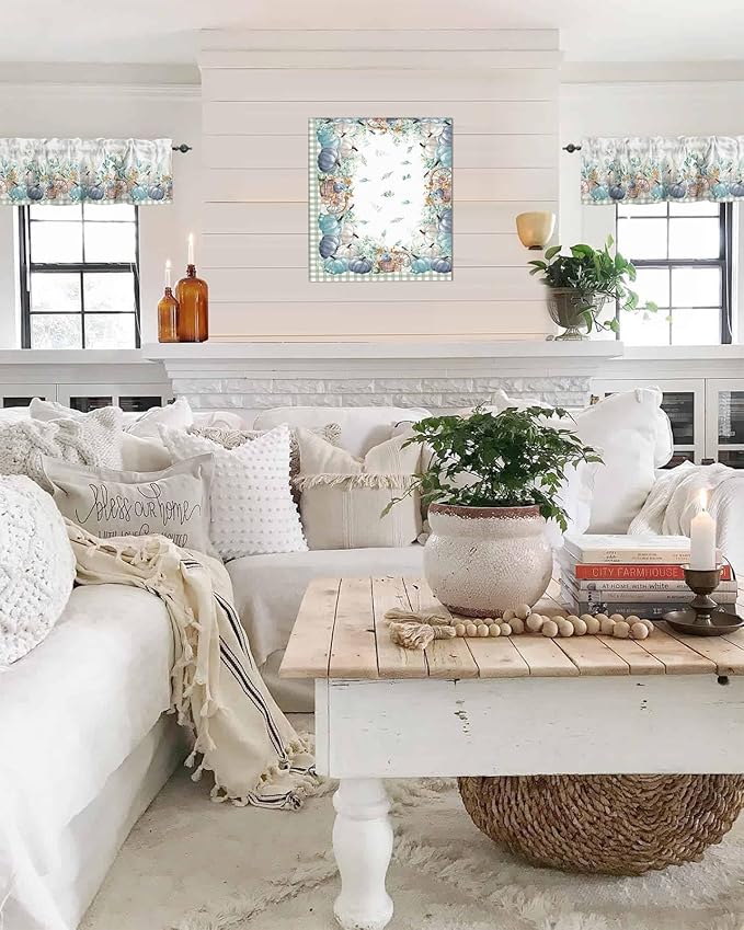 Fall Thanksgiving Kitchen Curtains Valances for Windows Navy Blue Pumpkins Green Eucalyptus Leaves Rod Pocket Window Treatment for Kitchen /Living Room/Bedroom/ Bathroom,42" X 12" Sage Farmhouse Plaid