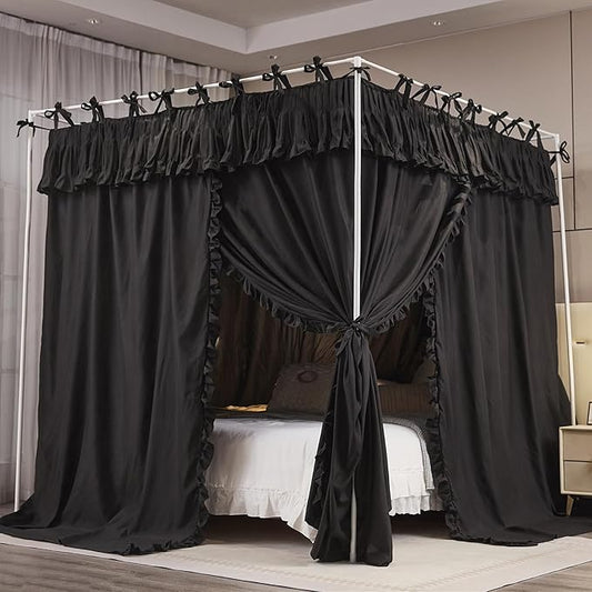 4 Corners Post Princess Ruffle Curtain Bed Canopy Lace Up Elastic Cozy Breathable Tent Mosquito Net for Girls Bedroom Decoration(Black, 70-78" W*86" L*82" H/King)