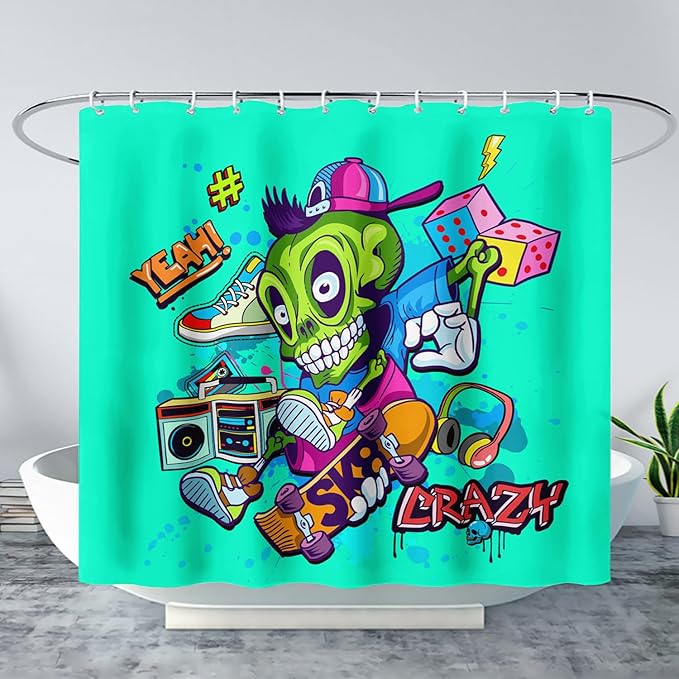 AILONEN Skate Skull Shower Curtain for Bathroom,Green Hip Hop Sport Skull Art Bathroom Curtain for Kids Girls Teen,Bath Curtain 48" W*72" H Polyester Waterproof Bathroom Curtain with 12 Hooks