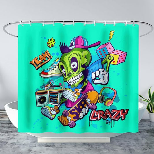 AILONEN Skate Skull Shower Curtain for Bathroom,Green Hip Hop Sport Skull Art Bathroom Curtain for Kids Girls Teen,Bath Curtain 72" W*78" H Polyester Waterproof Bathroom Curtain with 12 Hooks