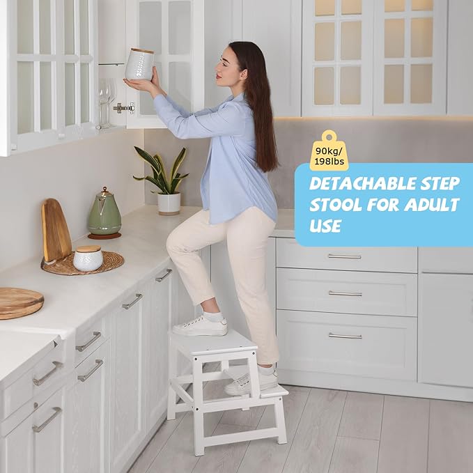 Kids Kitchen Step Stool, Standing Stool with Safety Rail for Toddlers 18 Months and Older, Safety Anti-Slip Protection, Removable Step Stool for Adult Use, White