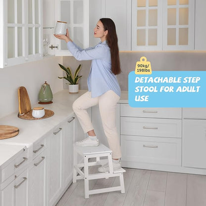 Kids Kitchen Step Stool, Standing Stool with Safety Rail for Toddlers 18 Months and Older, Safety Anti-Slip Protection, Removable Step Stool for Adult Use, White