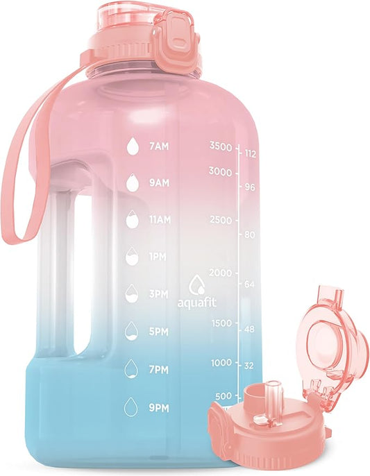 AQUAFIT 1 Gallon Water Bottle with Time Marker - BPA Free 128 oz Water Bottle with Straw, Gym Water Bottle with Handle, 1 Gallon Water Jug, Big Water Bottle, Large Water Bottle (Serenity)