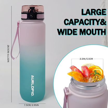 32oz/1L Water Bottle, Sports Water Bottle with Times to Drink & Lock Cover+Strainer,BPA-Free, Leakage Proof, Sports Drink Bottle for Bicycle, Outdoor, Gym, School, Reusable Daily (Pink-blue)