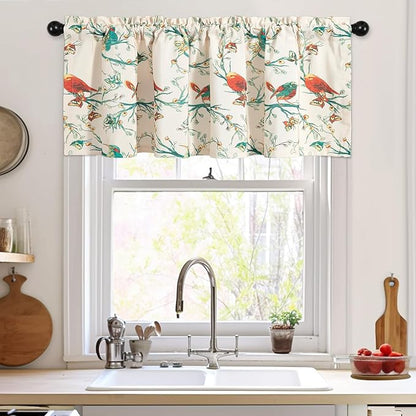 Leeva Birds Butterfly Pattern Valances, Farmhouse Light Filtering Kitchen Window Treatments for Living Room, 1 Panel Rod Pocket Short Drapery for Bedroom, 52 x 12 Inch, Green