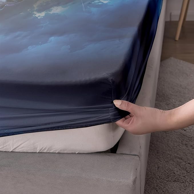 AILONEN Wolf Fitted Sheet Set Queen Size, Black Wolf Lightning Howling Wolf Bed Sheet Set for Boys,Wildlife Soft 3D Printed Fitted Sheet with 2 Pillowcases,3 Pieces